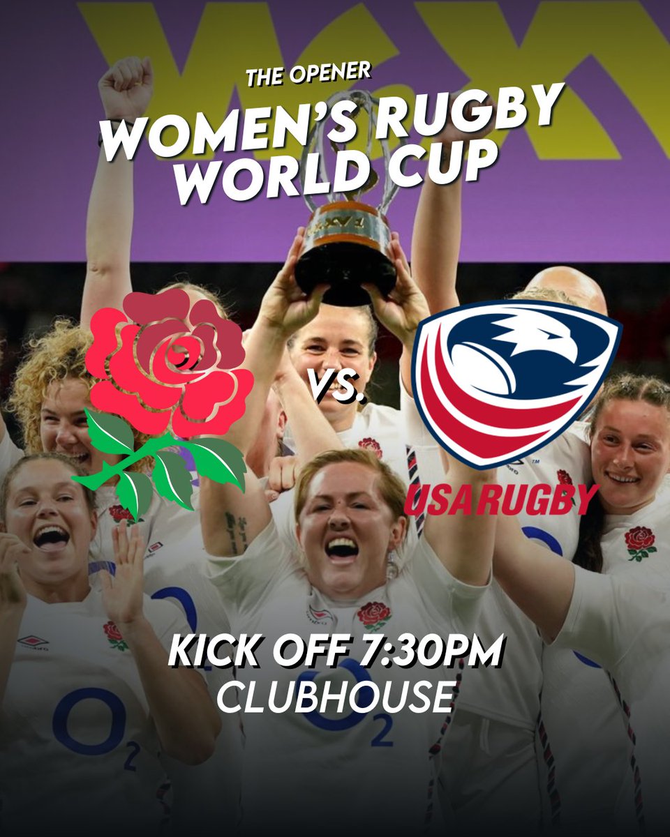 🏆 It’s Game Day! England vs USA.
🏉 Women’s Rugby World Cup kicks off TONIGHT at 7:30pm! Join us in the Clubhouse. All welcome.

👑 Will Emily Scarratt make history as the first ever to play in FIVE World Cups?
🔥 Expect fierce tackles, elite talent, and an atmosphere that gives