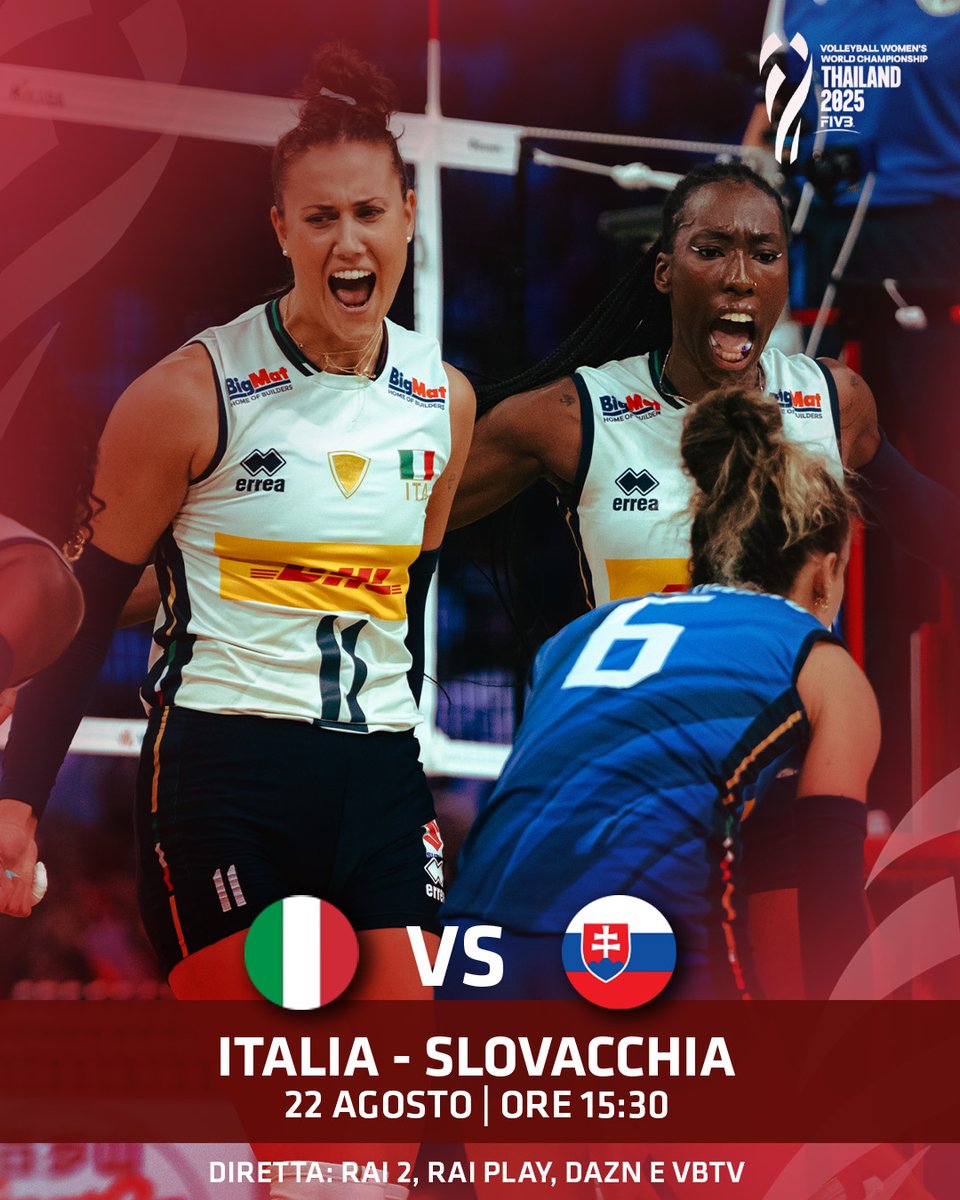 Federvolley โญ๏ธโญ๏ธโญ๏ธโญ๏ธโญ๏ธ (@federvolley) on Twitter photo ๐น๐ญ MONDIALI FEMMINILI ๐น๐ญ
๐ Tutto pronto per l'esordio delle azzurreโ๏ธ
๐๏ธ Ore 15.30, ๐ฎ๐น ๐ ๐ธ๐ฐ
๐บ: <a href="/RaiDue/">Rai2</a>, <a href="/RaiPlay/">RaiPlay</a>, <a href="/DAZN_IT/">DAZN Italia</a> e <a href="/volleyballworld/">Volleyball World</a> TV
#LaNazionale | #WWCH | #Thailand2025 ๐น๐ญ MONDIALI FEMMINILI ๐น๐ญ
๐ Tutto pronto per l'esordio delle azzurreโ๏ธ
๐๏ธ Ore 15.30, ๐ฎ๐น ๐ ๐ธ๐ฐ
๐บ: <a href="/RaiDue/">Rai2</a>, <a href="/RaiPlay/">RaiPlay</a>, <a href="/DAZN_IT/">DAZN Italia</a> e <a href="/volleyballworld/">Volleyball World</a> TV
#LaNazionale | #WWCH | #Thailand2025
