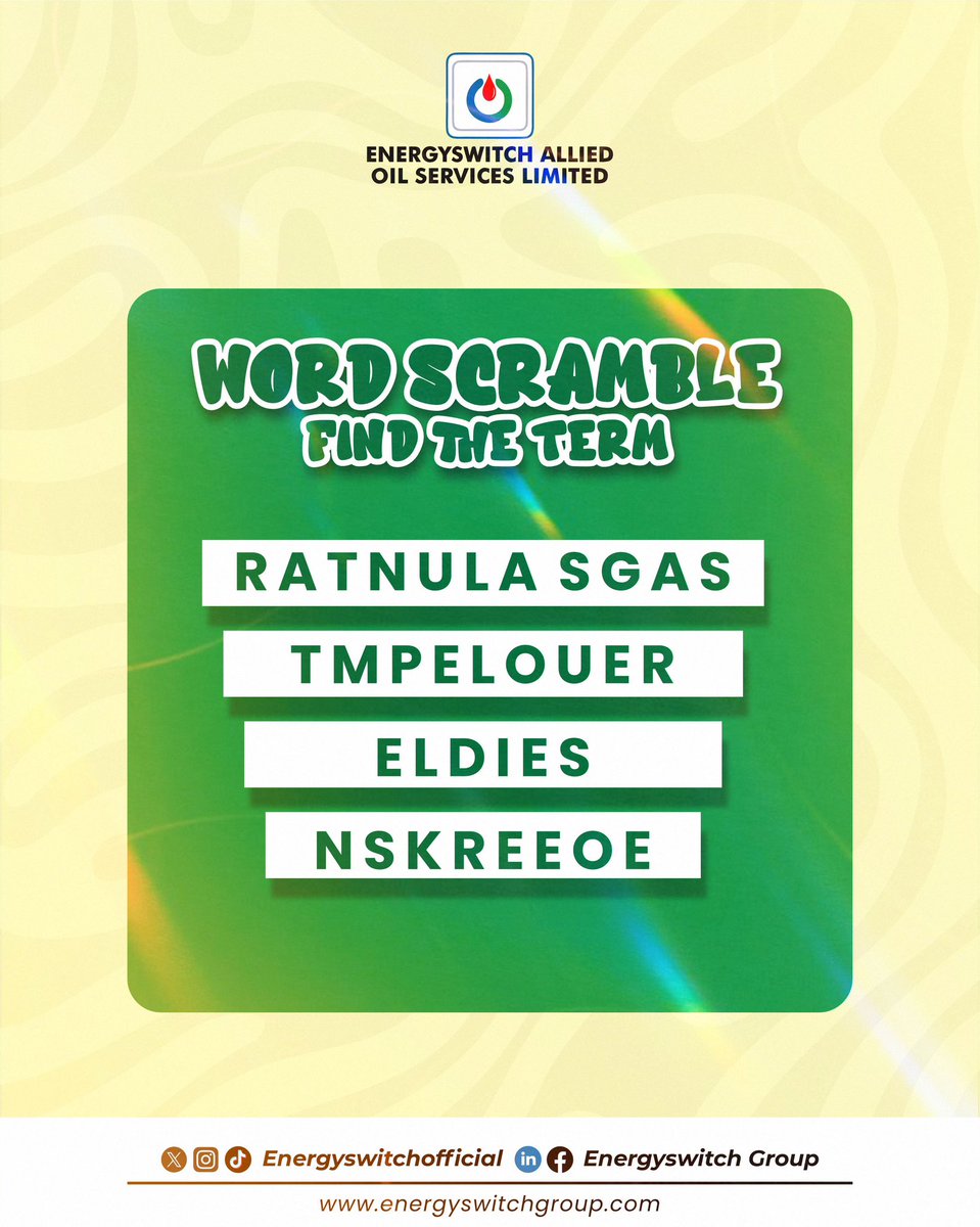 Energyswitchoil's tweet photo. Can you find today’s term?
Drop it below!
First 3 correct answers get a shoutout.
#fridaygame #wordscrabble #energyswitch #oilandgas #BB27 #StrayKids #BBNaija https://t.co/W9euJ4psHd