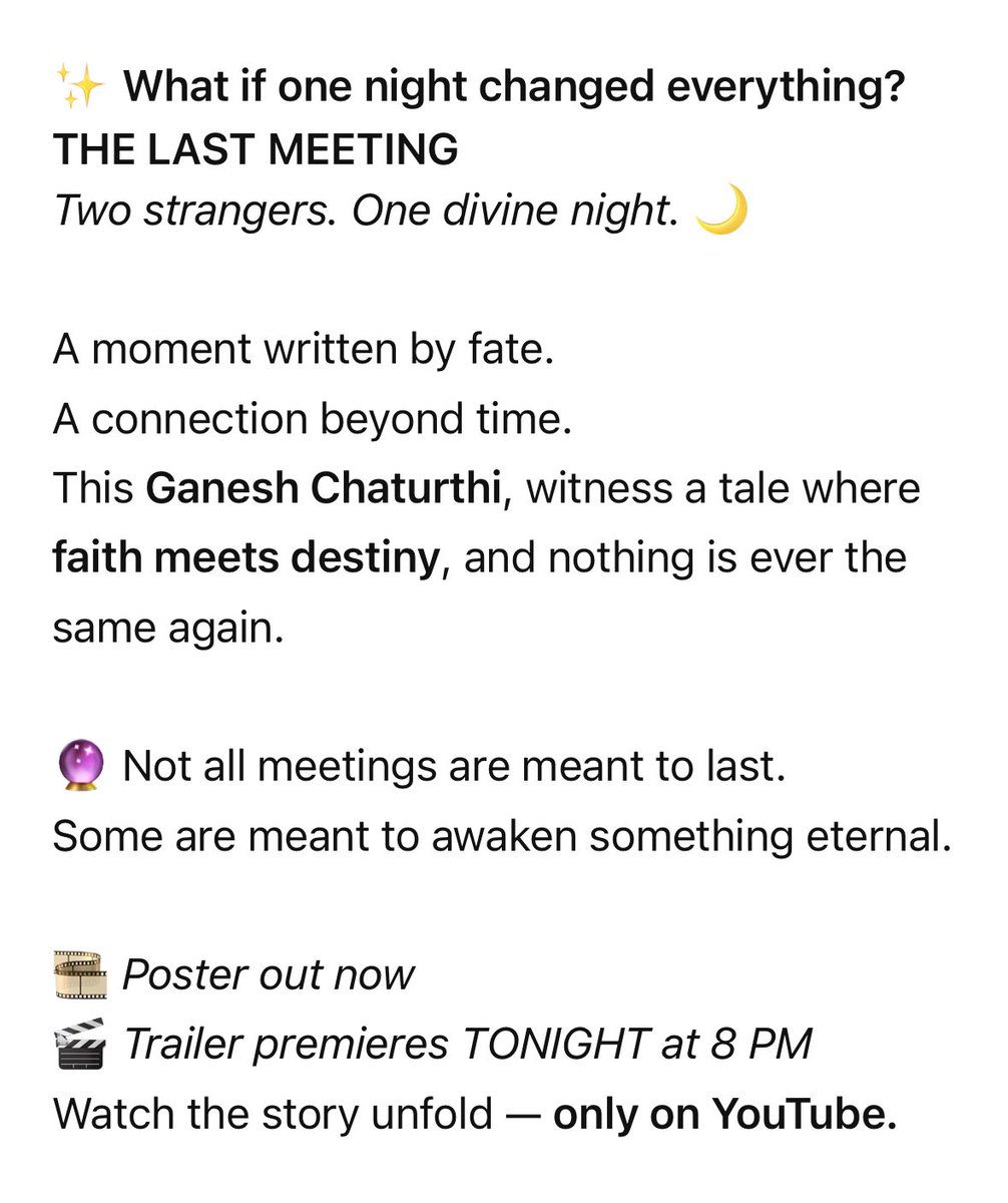 LakshmiRIyer's tweet photo. The Wait Ends Tonight – The Last Meeting Trailer Drops at 8 PM!

🎬 Directed by vikrant_yadav84 
🎨 Creatively Produced by himanshujoker 
📽️ DOP: hiten_bhatia 
🎭 Cast: abhishakejha realvikasverma 
💡 A Joker Films Production https://t.co/fJac5I1ZW7