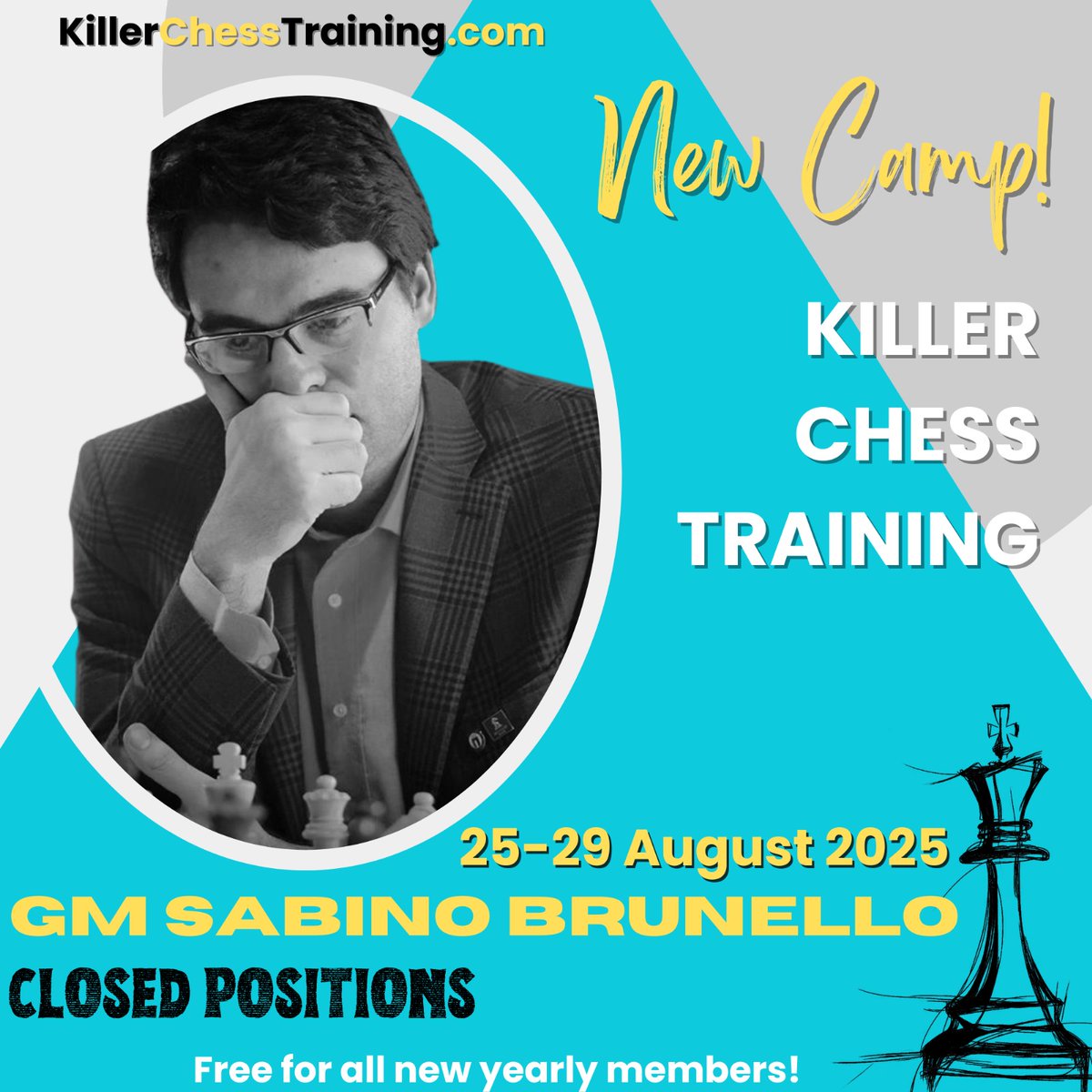 🚨🚨 New Camp!! <a href="/killer_chess/">Killer Chess Training</a>
From Monday to Friday GM Sabino Brunello will present his course: Closed Positions. A guide with all the strategies you need to know to play these positions well. 
2.5 hours of daily training. 
Not to be missed!!
SIGN UP 👇
killerchesstraining.com/product/a-new-…