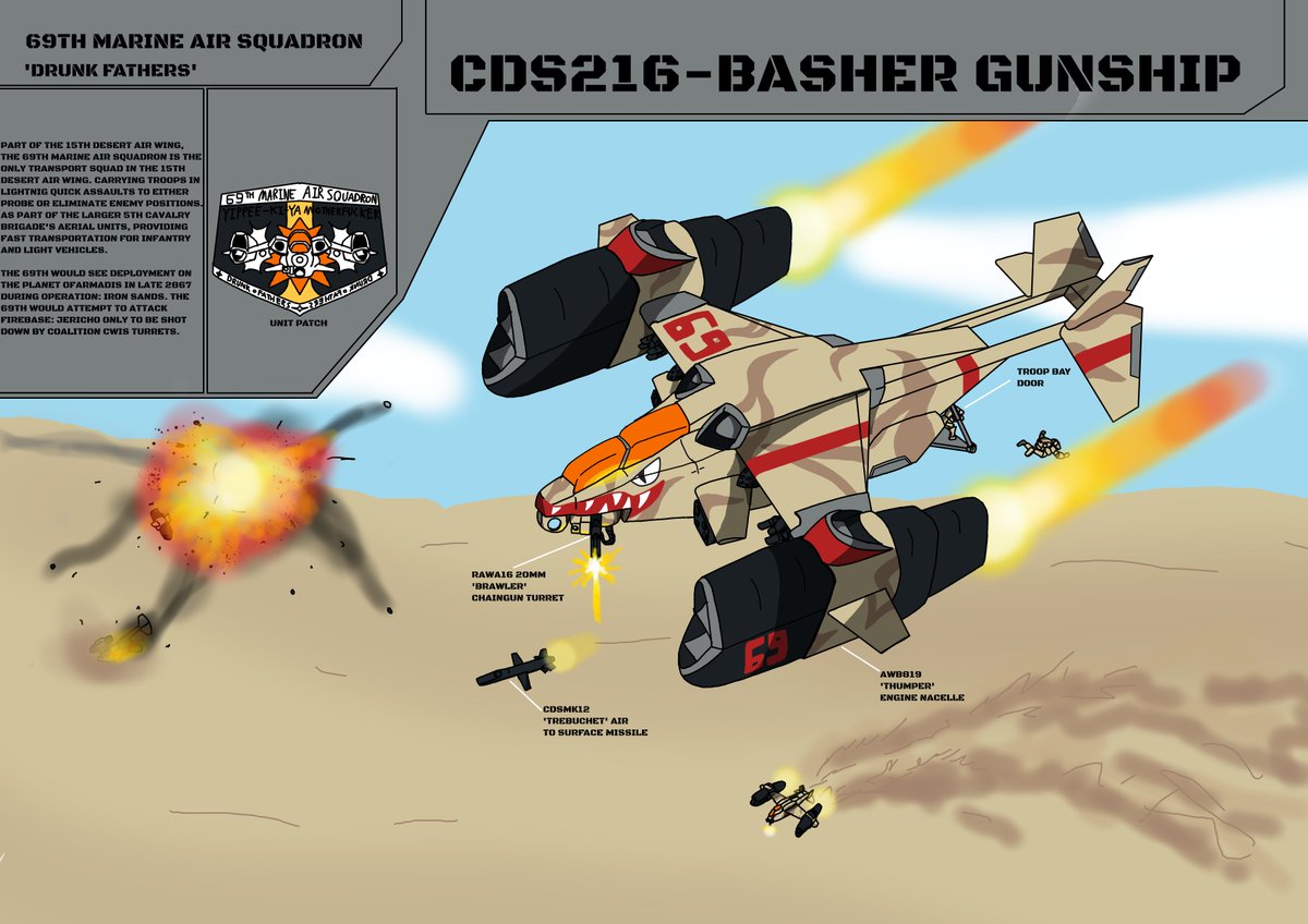 odst4904's tweet photo. The CDS216-Basher Gunship of the Eridani Federal Marine Corps. A fast and dangerous VTOL gunship introduced in 2857, it is armed with several wingmount hardpoints and a nose-mounted 20mm chaingun. It can carry 10 soldiers comfortably and 20 tightly. https://t.co/rAR0RfhWHz