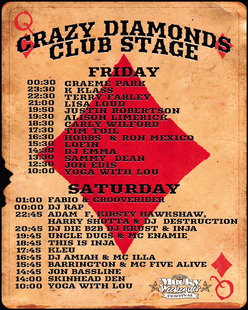 dubpistols's tweet photo. 2 of the 5 venues at @muckyweekender running order announced @fabioandgroove @graemepark @TerryFarley @UncleDugs https://t.co/hbXN0c6aM8