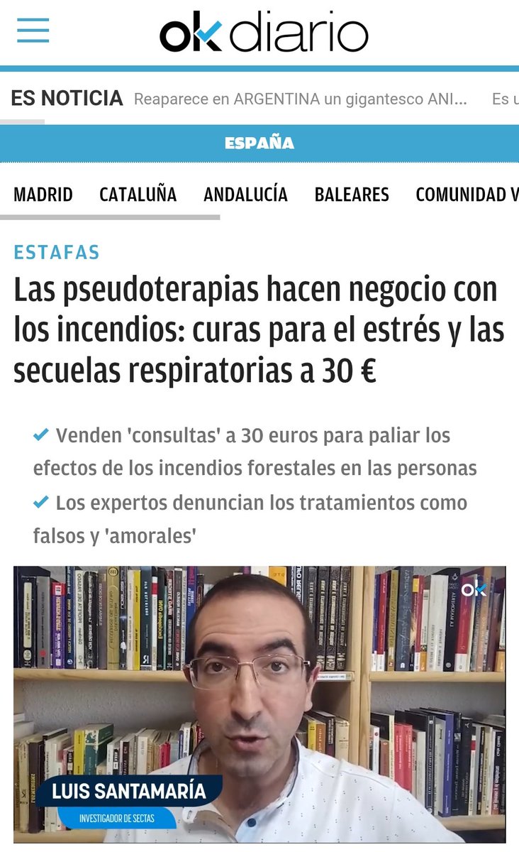 Hoy <a href="/AngelMoyatv/">Ángel Moya 🇪🇸🛵</a> publica en <a href="/okdiario/">okdiario.com</a> un artículo sobre mi última alerta relacionada con las #pseudoterapias (y los #Incendios):
okdiario.com/espana/pseudot…
#StopPseudociencias #coNprueba <a href="/MedicosZamora/">C. Medicos de Zamora</a> <a href="/OMC_Esp/">Organización Médica Colegial de España</a> <a href="/sanidadgob/">Ministerio de Sanidad</a> <a href="/Salud_JCYL/">Salud JCYL</a> <a href="/ColeEnfermZa/">Coleg Enferm Zamora - COENZA</a> <a href="/CofZam/">COF Zamora</a> <a href="/irenetabera/">Irene Tabera</a> <a href="/benjaefe/">Benjamín Santamaría</a>