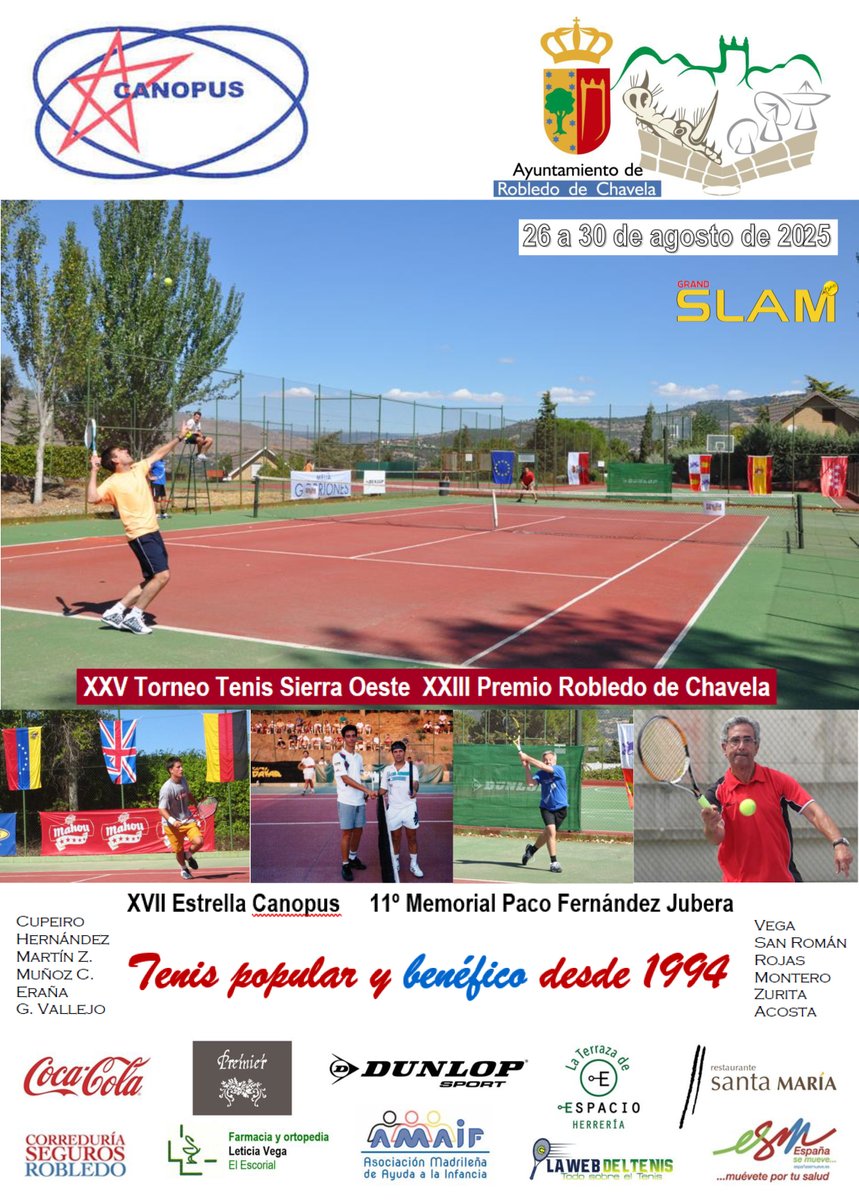 Vuelve el torneo de tenis popular y benéfico Canopus de Robledo de Chavela, del 26 al 30 de agosto. 
El laureado veterano mundial Javier Molina regresará a Robledo, 40 años después de sus éxitos, para homenajear, junto a Manuel Nogales, al local José Vega.