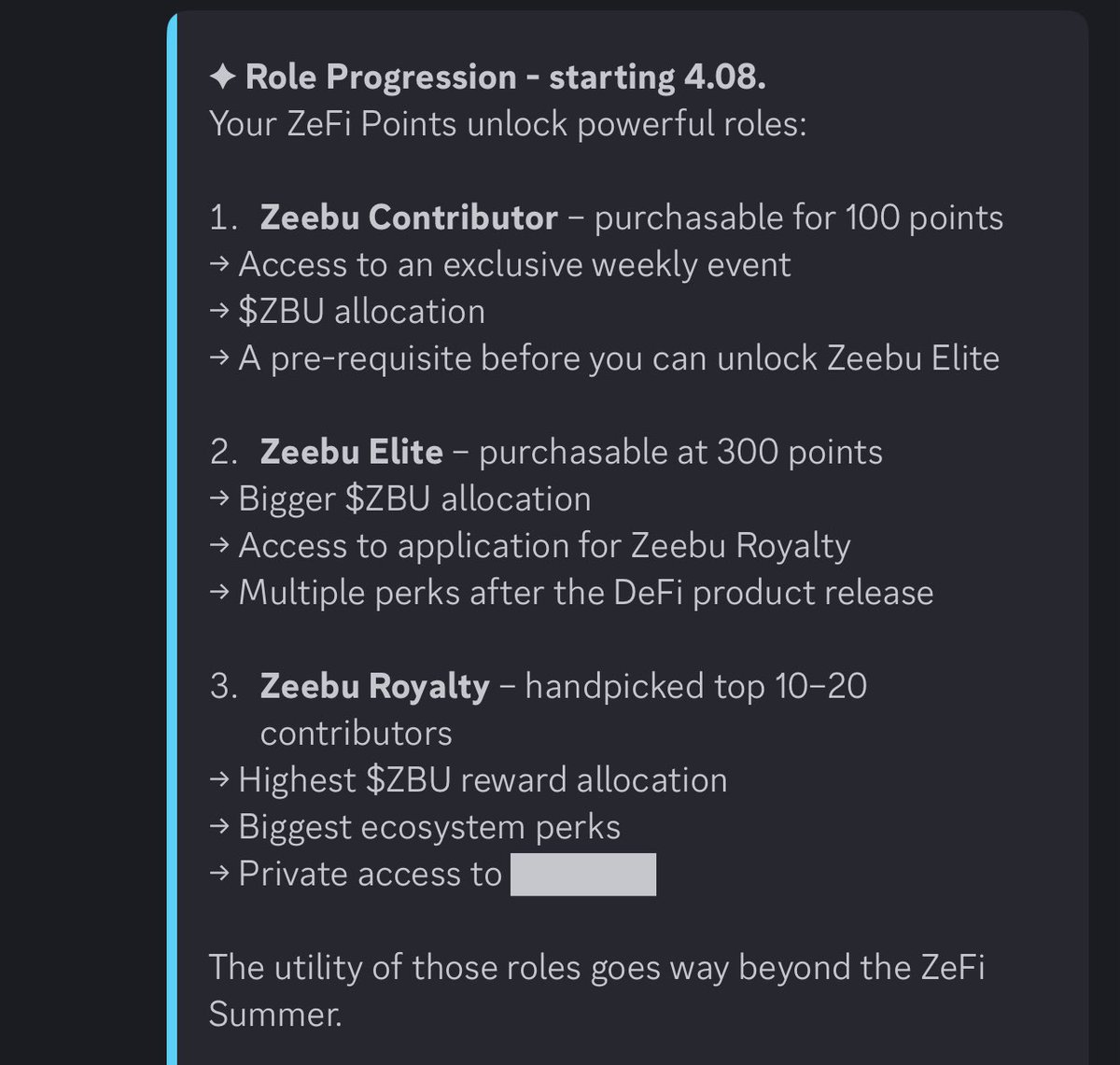 mattybnks1's tweet photo. Collect engage points in zeebu @zeebuofficial discord to max out your opportunities on earning rewards and $ZBU

Special roles in zeebu discord are listed on zeebu marketplace for core believers who have amass enough points to purchase them.

How to earn points

> by inviting new users to zeebu, capped at 50 points
> by completing engage quest on zeebu discord

Roles
> Zeebu contributor cost 100 points 
> Zeebu Elite cost 300 points
> Zeebu royalty: you have to be handpicked

All these roles comes with a special benefits in Zeebu discord