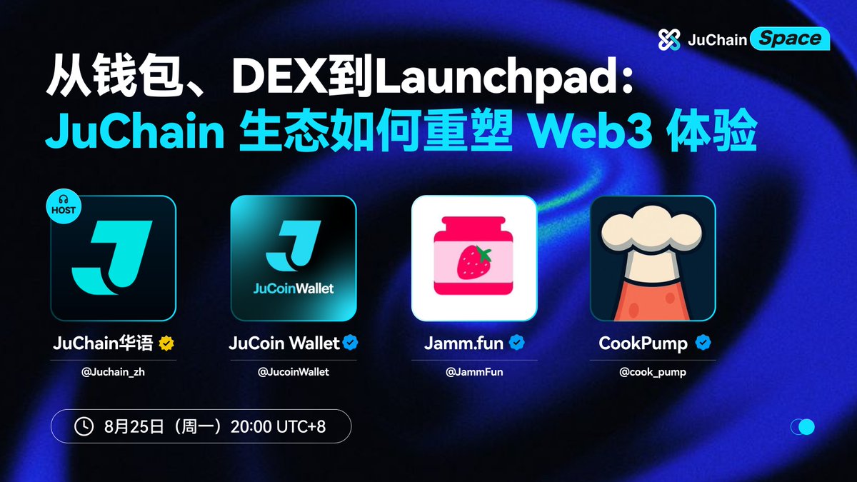 Juchain_zh's tweet photo. 🚀 JuChain Space | 驱动 Web3 新机遇

JuChain 正在以高性能和低成本，重塑 Web3 生态版图。
本期 Space 聚焦：
🔹 JuCoin Wallet —— 多链自托管钱包 & DApp 入口
🔹 Jamm Trading —— JuChain 生态头部 DEX
🔹 CookPump —— 独创投票 +零损保护 Launchpad

🗓 8/25 20:00 (UTC+8)
🎙 主持：@Juchain_zh
👥 嘉宾：@JucoinWallet @JammFun @cook_pump 
🔗 链接：https://t.co/NVhWcUmw7o

💡 点赞+转发+留言你最关心的话题，我们将在 Space 结束后抽出 5 位听众，每人赠送 $5 等值 $JU。