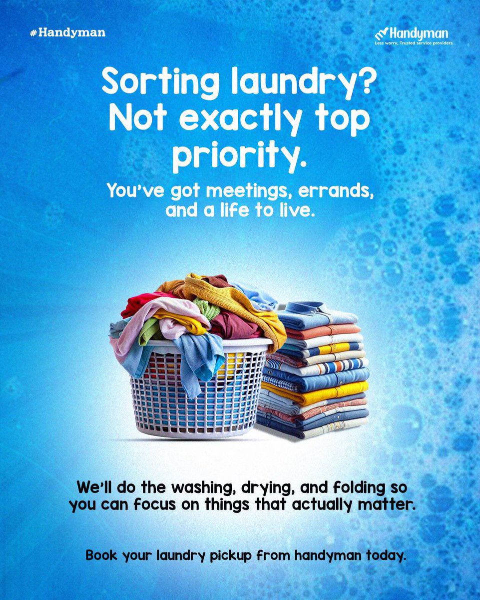 HandymanProNG's tweet photo. Dirty laundry? We’ve got you covered! Book a Handyman today and say hello to stress-free laundry days. 
#Handyman #LaundryDayMadeEasy #StressFreeLaundry #CleanAndFresh #HomeServices #LaundryCare #SoftLife #ConvenienceAtHome https://t.co/uhcgeyTKNg