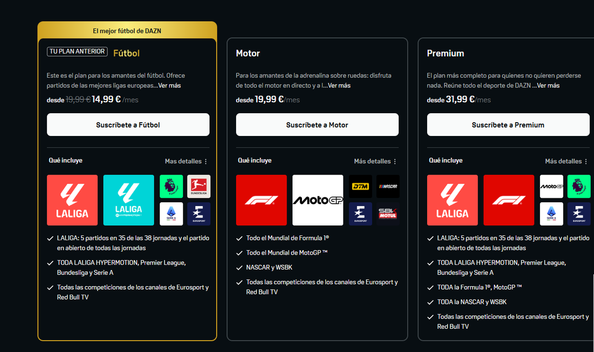 Pese a que los usuarios con el Plan Victoria activo vuelven a tener acceso al calendario y partidos de la temporada pasada, sigue sin haber rastro de Liga F en la web de DAZN para usuarios nuevos

No aparece en la sección de fútbol femenino, en calendario, ni en planes