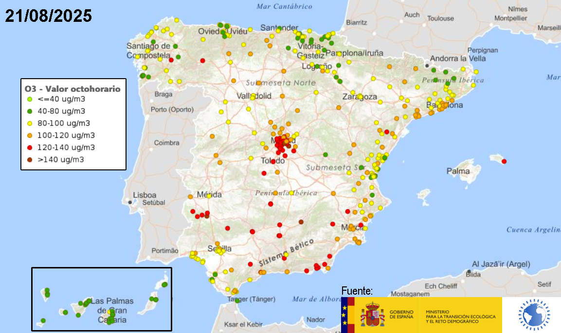 España, contaminación por ozono: máximos octohorarios de ayer, 21-agosto-2025 🔗 sig.miteco.gob.es/calidad-aire #CalidadDelAire #Salud