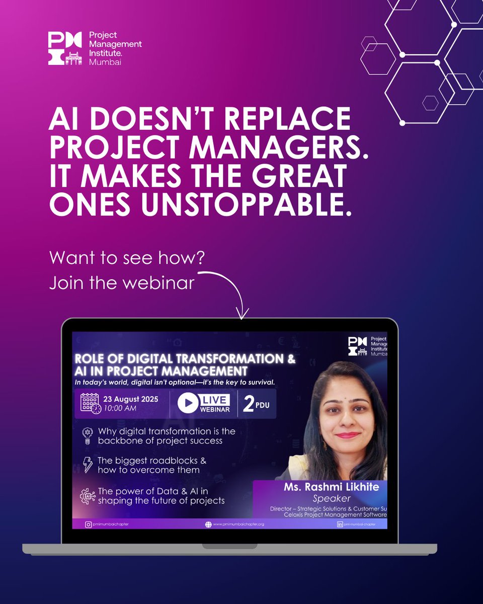 AI won’t replace project managers.
But the ones who use it will replace those who don’t.
Join our webinar on Aug 23, 10 AM IST:
The Role of Digital Transformation &amp; AI in Project Management
🎤 Rashmi Likhite | Earn 2 PDUs
👉 Register: tinyurl.com/ywvva98a
#pm  #AI #Webinar
