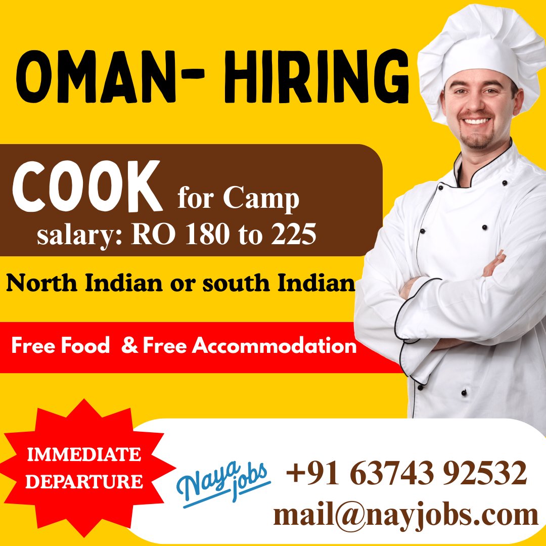 Nayajobs_'s tweet image. Urgent Hiring: Cook for Oman

We are looking for experienced North Indian / South Indian Cooks for an immediate requirement in Oman.

contact us : +91 63743 92532
mail@nayajobs.com

#hiringcooks #cookjobsabroad #cookingjob #chefjobs #chefjob #omanjobs