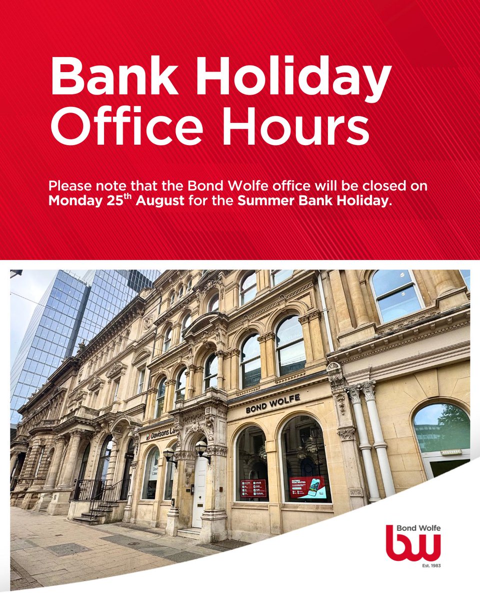 Please note that the Bond Wolfe offices will be closed on Monday 25th August for the Summer Bank Holiday. ☀️

📅 We will resume our regular business hours on Tuesday 26th August.

We hope you have a great three-day weekend!