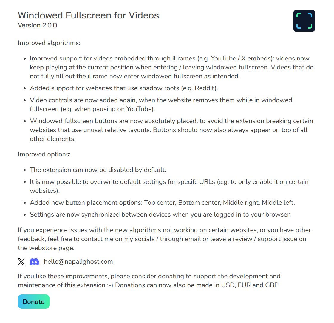 NaPaliGhost's tweet photo. 'Windowed Fullscreen for Videos' version 2.0.0 improves support for iFrames, adds support for websites using shadow roots and enables URL specific settings. https://t.co/DzrcBxNX9i