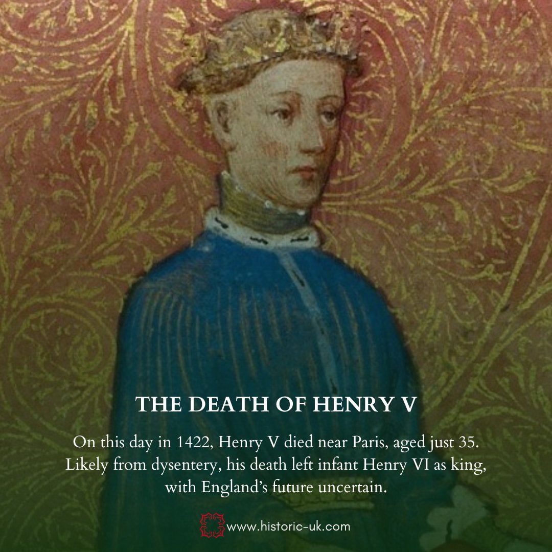 Henry V died on #onthisday in 1422, at the Château de Vincennes near Paris.

While it's widely believed he contracted dysentery after the Siege of Meaux in May 1422, his illness might have been something else, such as smallpox, erysipelas, or even heatstroke.