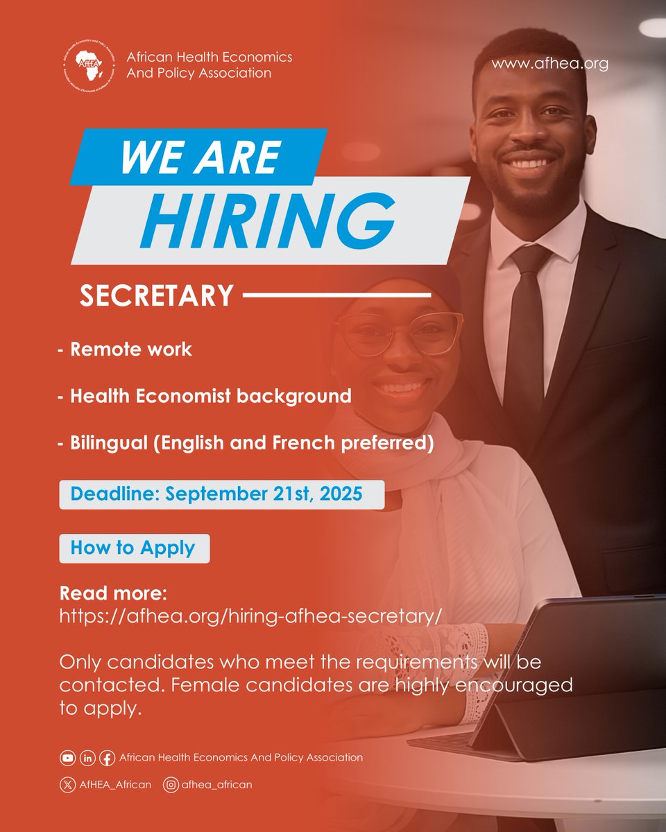 AfHEA_Africa's tweet photo. 📢 AfHEA is hiring a Secretary (Consultant Role) – remote with occasional travel.
📅 Start: Jan 1, 2026 | ⏳ Apply by Sept 21, 2025 @ 11:59 PM GMT.
👉 More details on https://t.co/tpPGPwhavt
#AfHEA #Hiring #AfricaJobs https://t.co/gk1qbme1uT