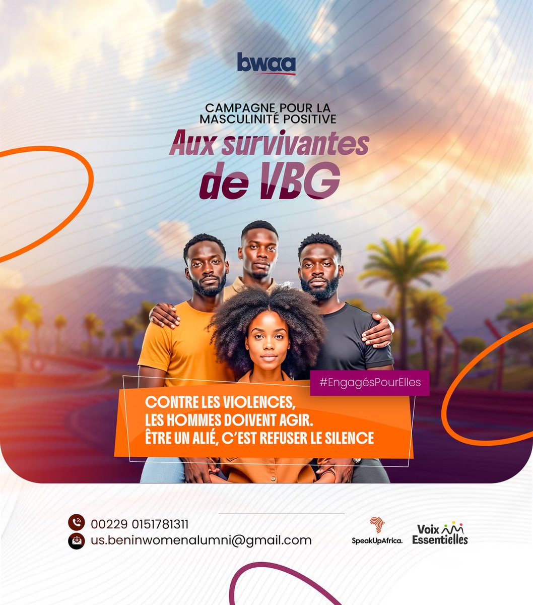 BeninWomen's tweet photo. Hello X 👋 Nous revoilà !
Aujourd’hui, nous lançons #EngagésPourElles ✊💜
Une campagne qui porte un message clair :les hommes doivent agir contre les violences.

Un monde plus sûr pour les femmes commence par vous.
#BWAA #MasculinitéPositive #VoixEssentiELLES #VBG https://t.co/lOnagRqYrX