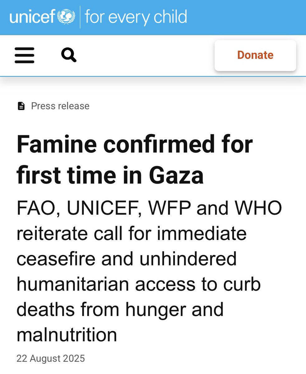 🚨 BREAKING: Famine officially confirmed in Gaza. For the first time in history, UN agencies declare famine in the Middle East. Half a million people are already trapped in starvation. 🧵