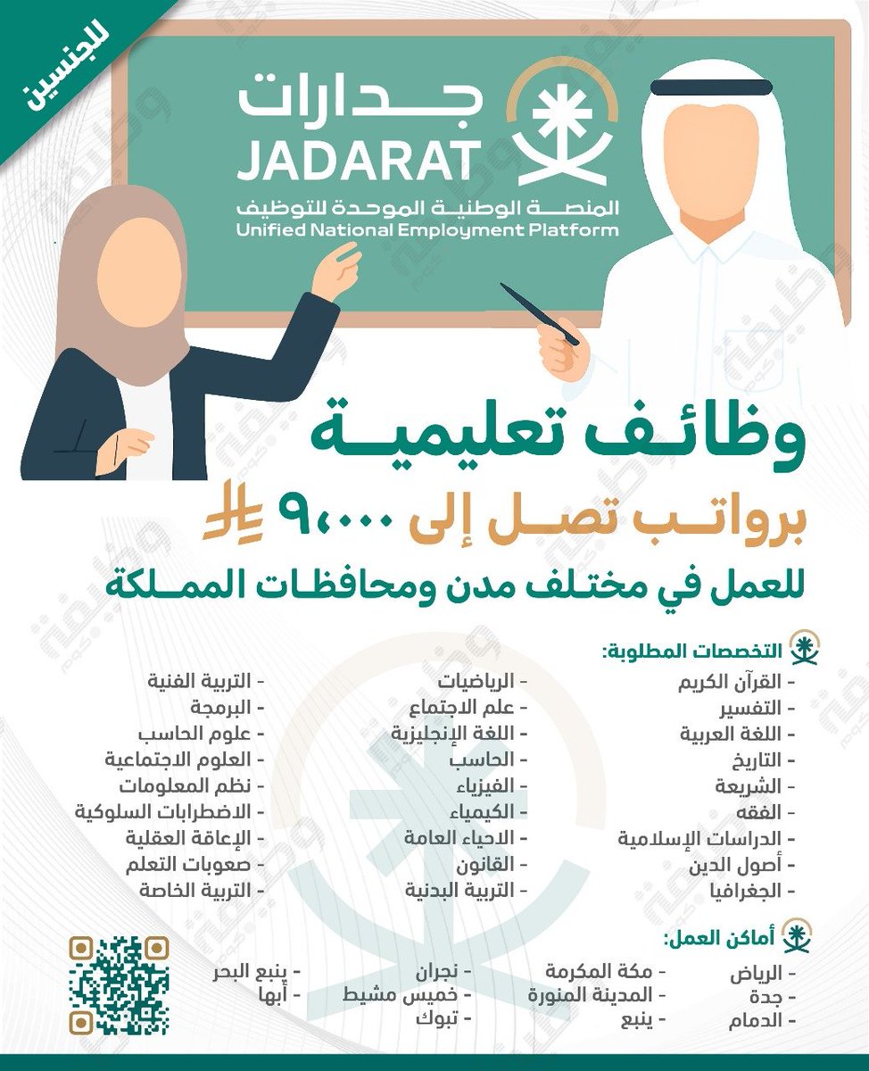 🛑 رسميـاً - #وظائف_تعليمية بمختلف مناطق المملكة📍

📋 للرجال والنساء - بدوام كامل في الفترة الصباحية ☀️

📋 قائمة التخصصات المطلوبة:

- القرآن الكريم
- التفسير
- اللغة العربية
- التاريخ
- الشريعة
- الفقه
- الدراسات الإسلامية
- أصول الدين
- الجغرافيا
- الرياضيات
- علم الاجتماع
-
