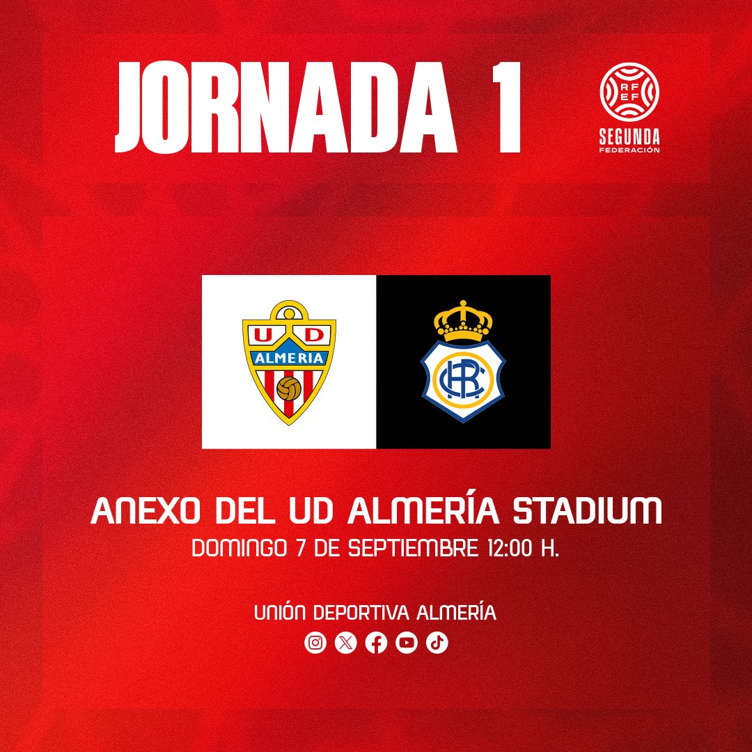 AcademiaUDA's tweet photo. ⚠️ ¡Confirmado el primer horario del #UDAB en la temporada 2025/2026!

🆚 @recreoficial.
🗓 Domingo 7 de septiembre.
⌚️ 12:00 h.
📍 Anexo del UD Almería Stadium.

¡Vamos! ❤️🤍 https://t.co/5VmyERARuN