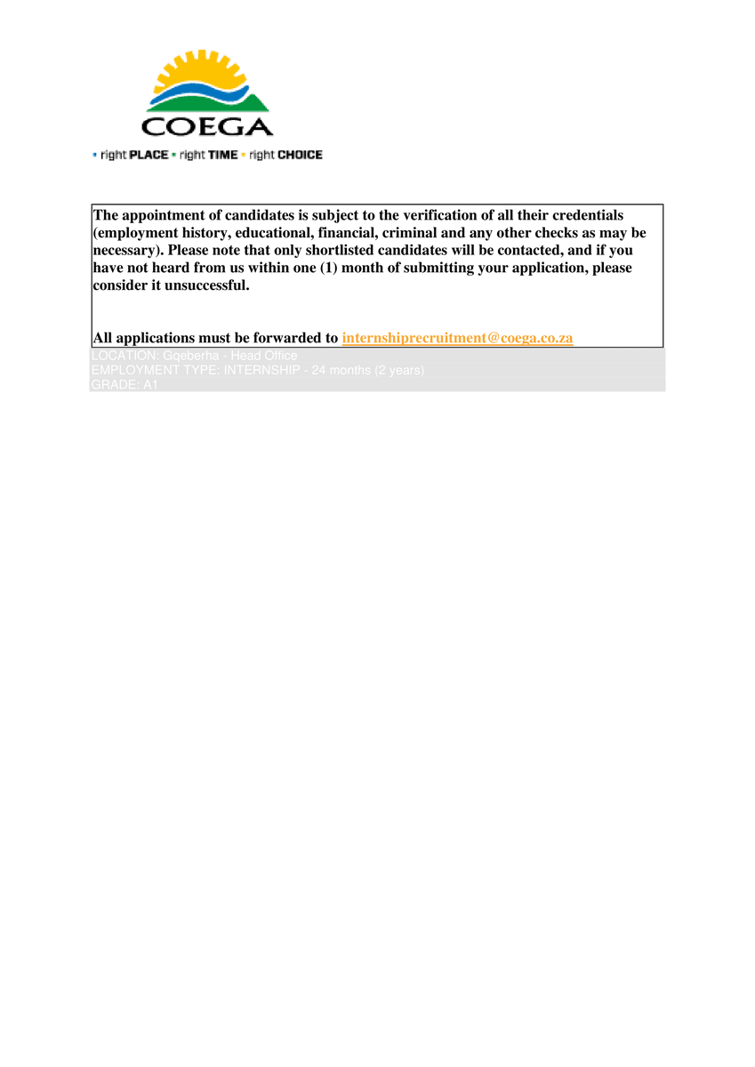 2025 Coega Internships Programme

Location: Gqeberha, Eastern Cape  
Closing Date: 3rd September 

Requirements: 
▪ See advert for details

Interested? Please apply as per instructions on the advert or online coega.co.za/site/about-us/…

#xahumbarecruitment #hiringandpromotion
