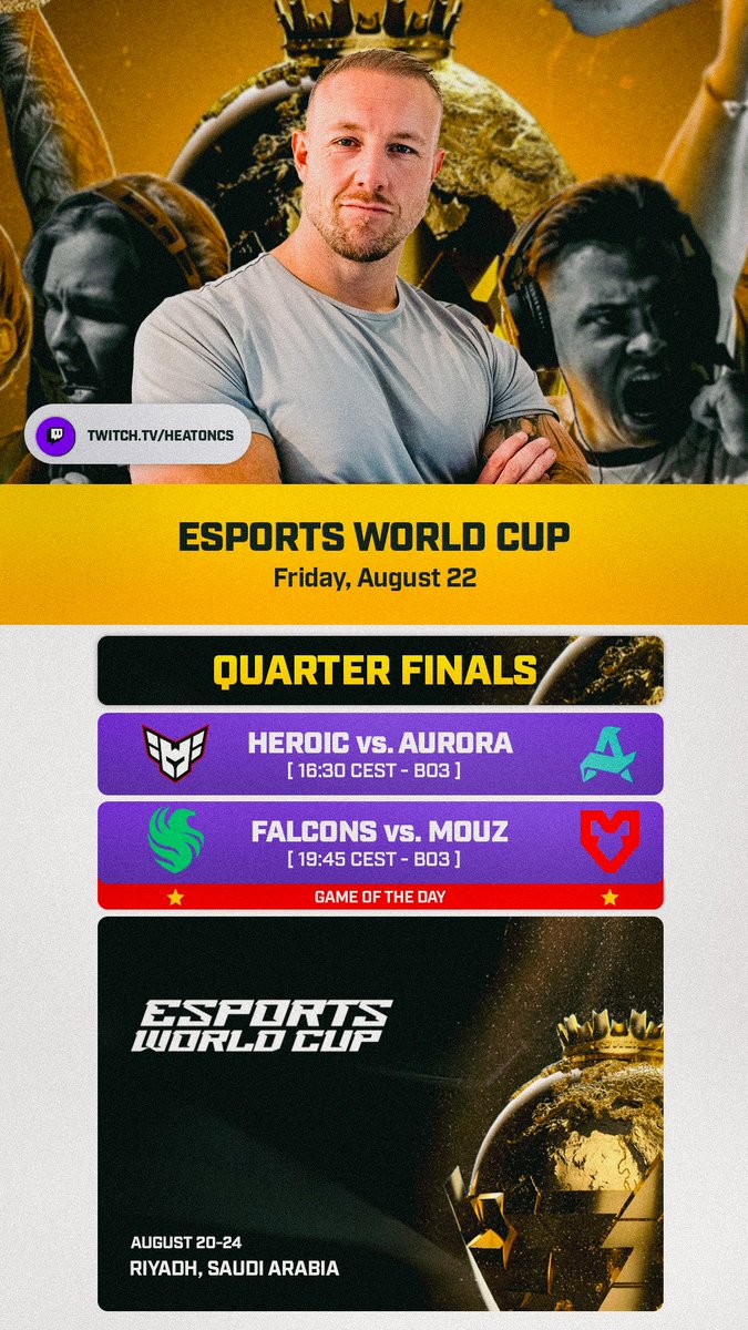Stream going live in a couple of hours as the EWC Quarter Finals continues! 😎

⭐️ Match of the day: <a href="/FalconsEsport/">Falcons Esports</a> vs <a href="/mousesports/">MOUZ</a> 
📺 See you on stream: twitch.tv/HeatoNCS 

#EWC2025