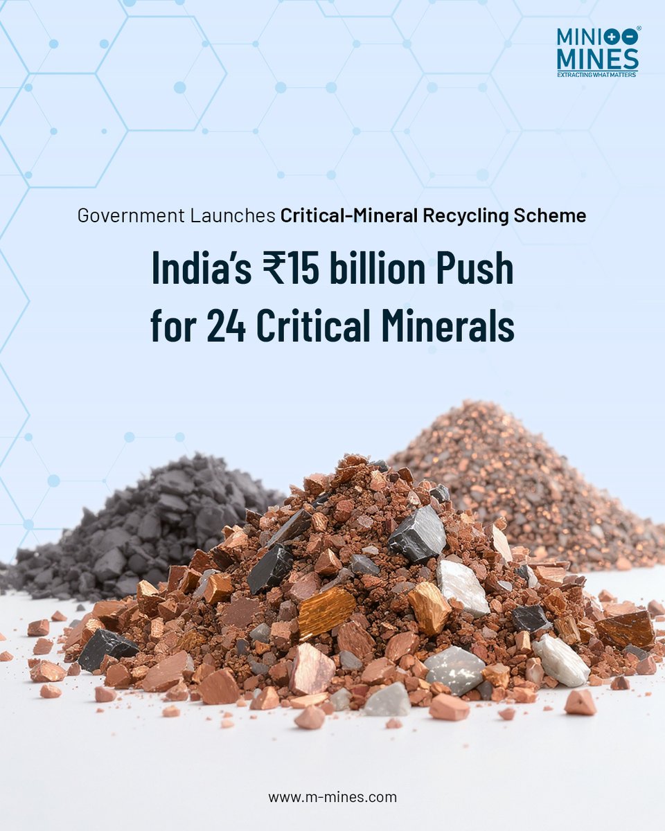 India targets net-zero by 2070 with a ₹15B fund to recycle 24 critical minerals like lithium &amp; cobalt—boosting EVs, renewables &amp; jobs while cutting imports.
.
.
#CriticalMinerals #BatteryRecycling #GreenTech #CircularEconomy #IndiaEV #Sustainability #UrbanMining #NetZero