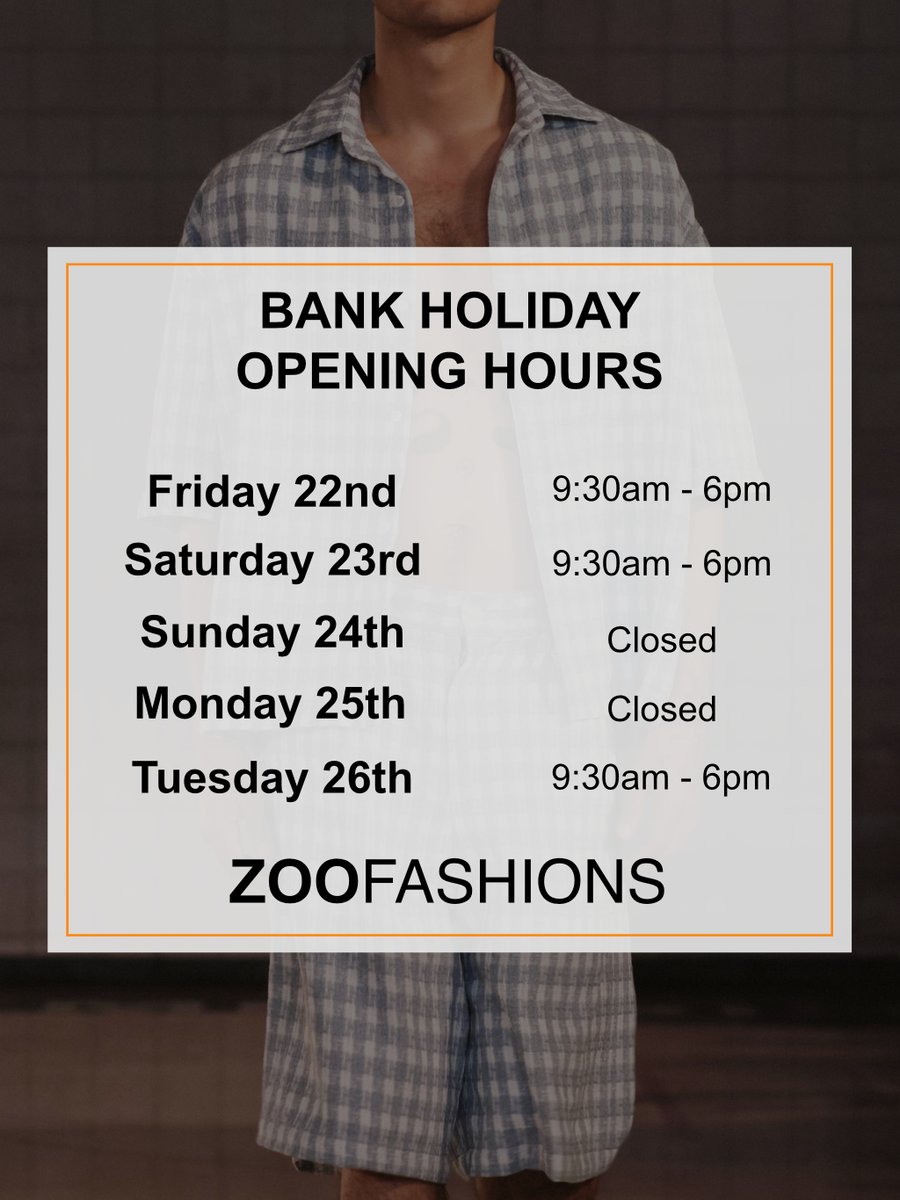 Our opening times for this coming August bank holiday weekend!

Friday 22nd / 9:30am - 6pm
Saturday 23rd / 9:30am - 6pm
Sunday 24th / Closed
Monday 25th / Closed
Tuesday 26th / 9:30am - 6pm