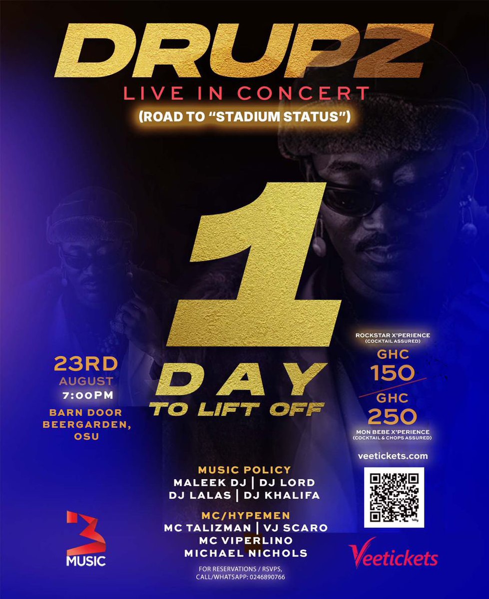 DRUPZmusic's tweet photo. 🚨THE COUNTDOWN ENDS TOMORROW!!🚨
LAST CHANCE TO GRAB YOURSELF A TICKET!! THE STAGE IS SET!! IT'S SHOWTIME TOMORROW NIGHT!! THE MOMENT YOU'VE BEEN WAITING FOR IS UPON US!!! GET READY FOR AN UNFORGETTABLE NIGHT OF MUSIC, ENERGY, AND EXCITEMENT!
#DRUPZLIVEINCONCERT 
#ROADTOSTADIUM https://t.co/7DoJPMX2X1