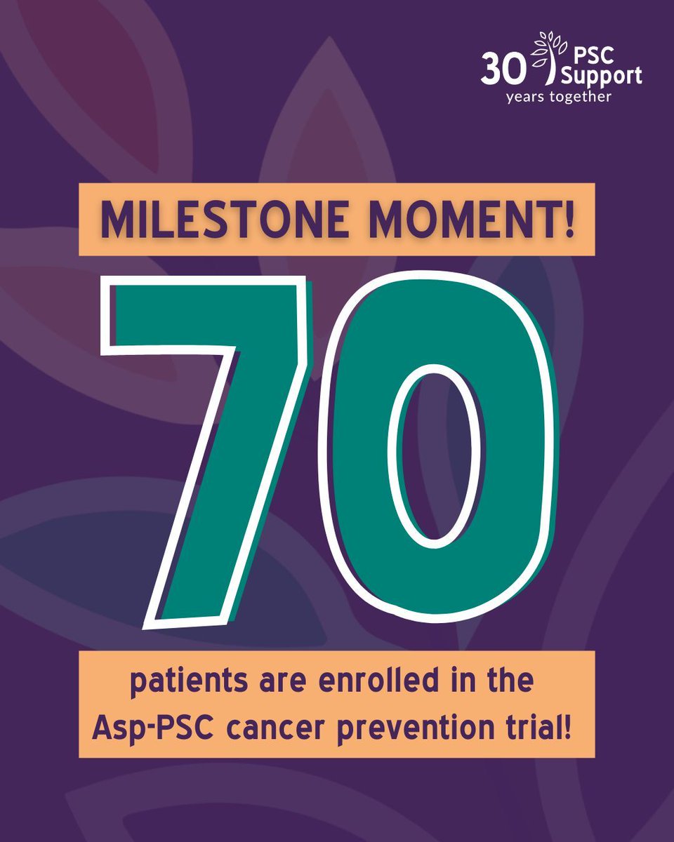 PSCSupportUK's tweet photo. 📢 Milestone Moment! 7️⃣0️⃣ patients are enrolled in the Asp-PSC cancer prevention trial! Hospitals all over the UK are looking for volunteers to take part now. Find out if you can take part.
👉 https://t.co/A7E3eNF7hQ #AskAboutAsp #LetsBeatPSC https://t.co/G4vc39NdLg