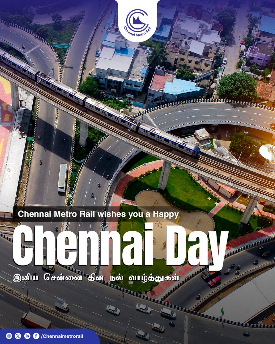 Happy Chennai Day 2025 
Celebrating the city of heritage, heart, and endless possibilities!

#ChennaiMetro #CMRL #Metrorail #MetroForChennai #TravelWithCMRL #ChennaiDay2025