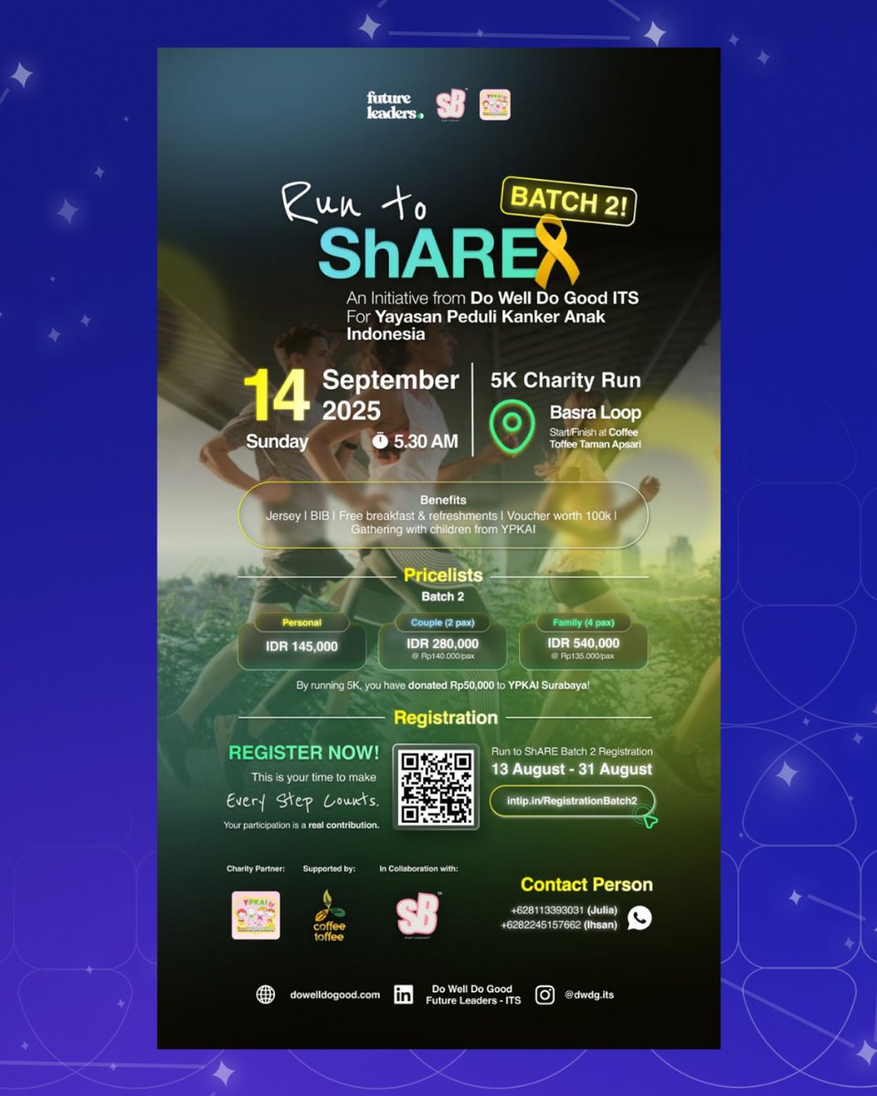 This year’s Do Good Movements is more than just a run, it’s a lifeline.

Started with only Rp145.000 you will get 
❇ Jersey &amp; BIB
❇ Free breakfast &amp; refreshments
❇ Free voucher Coffee Toffee
❇ Souvenirs &amp; Merchandise
❇ Donation in the amount of Rp50,000 right to YPKAI