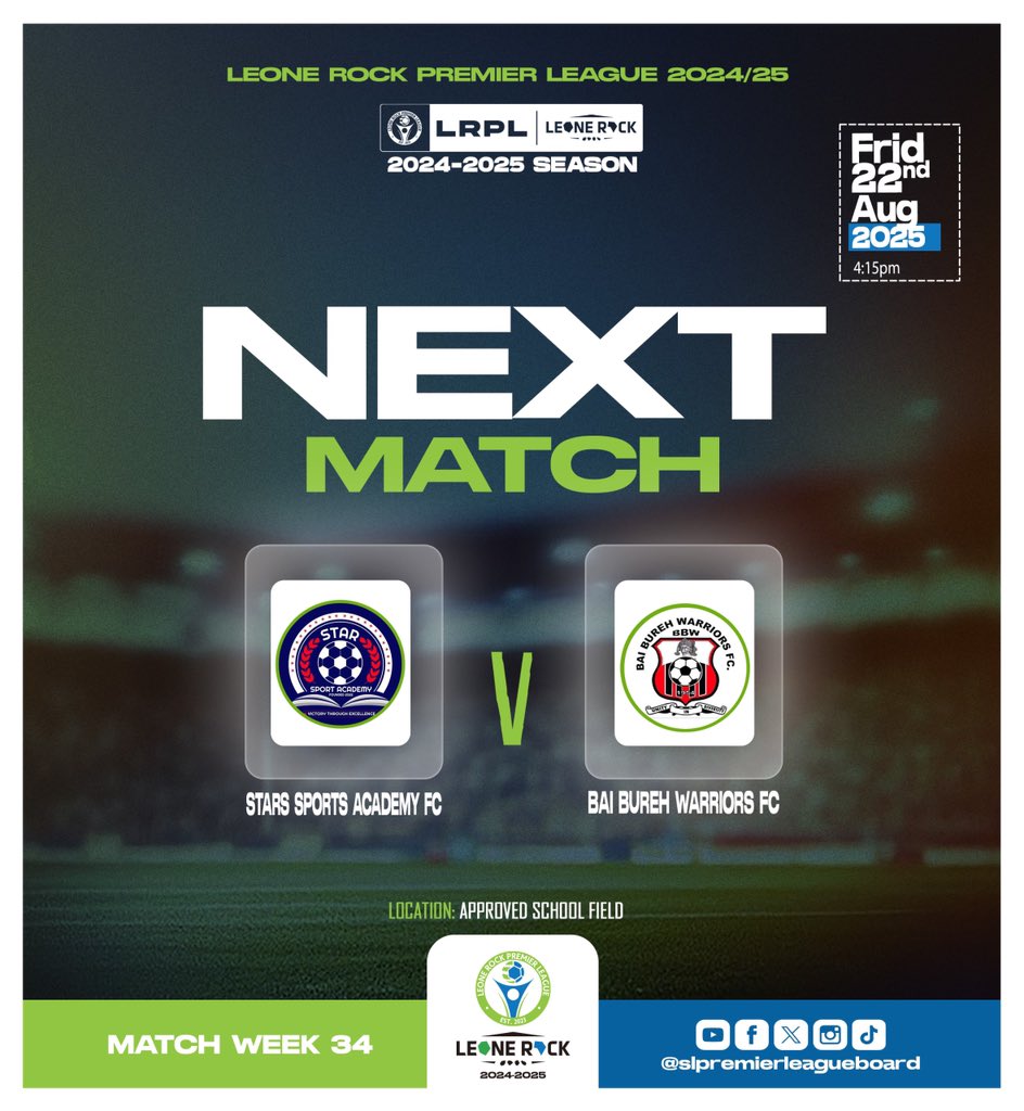 SL Premier League Board (@slplboard) on Twitter photo Itโs the season finale for both Star Sport Academy and Bai Bureh Warriors! One last battle. One final chance to end the season on a high.
Let get to it, everyone!...๐โฝ๏ธ
Tune in & watch every kick LIVE & FREE on FIFA+: ๐บ
plus.fifa.com/en/showcase/leโฆ
๐โฝ#LeoneRockPremierLeague๐ธ๐ฑ Itโs the season finale for both Star Sport Academy and Bai Bureh Warriors! One last battle. One final chance to end the season on a high.
Let get to it, everyone!...๐โฝ๏ธ
Tune in & watch every kick LIVE & FREE on FIFA+: ๐บ
plus.fifa.com/en/showcase/leโฆ
๐โฝ#LeoneRockPremierLeague๐ธ๐ฑ