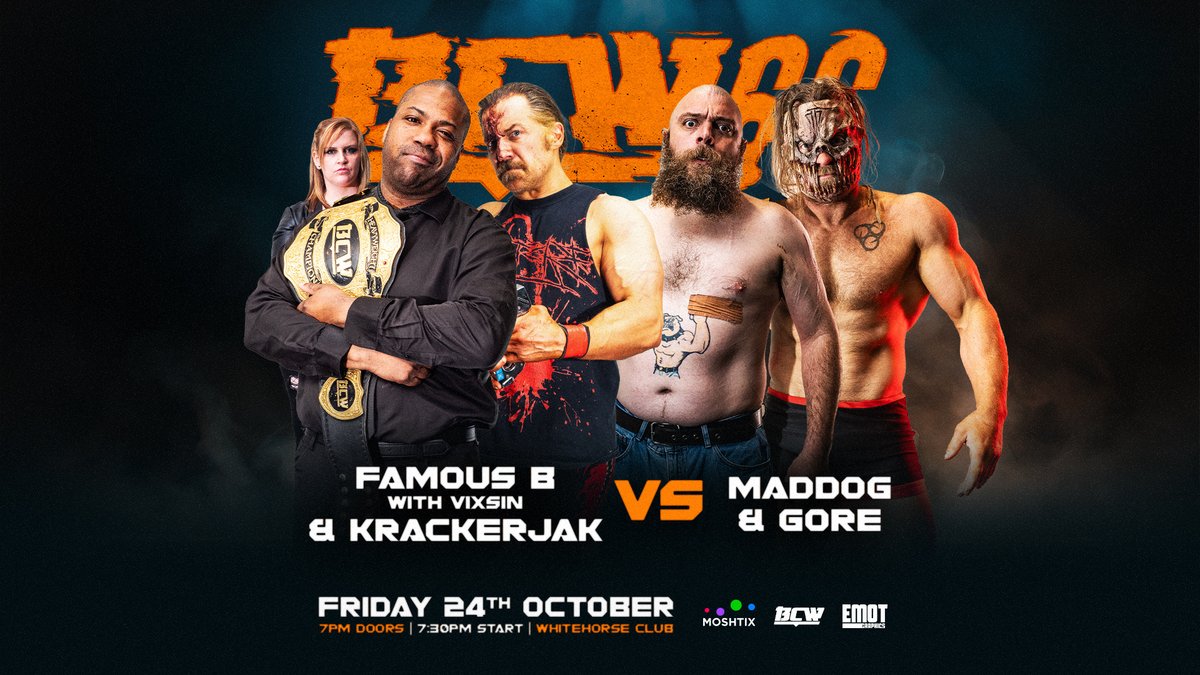 ***BCW 66 MATCH ANNOUNCEMENT***

Our fourth official match announcement for BATTLE CHAMPIONSHIP WRESTLING 66 is a supersized tag team match of main event proportions as BCW HEAVYWEIGHT CHAMPION FAMOUS B w/VIXSIN teams up with KRACKERJAK to take on GORE and the returning CRAZY