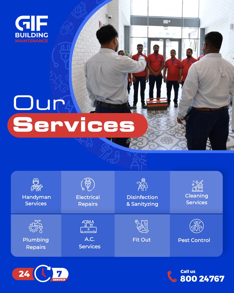 GifMaintenance's tweet image. From handyman fixes to deep cleaning! 🛠️✨
Reliable service, professional team, 24/7 support.
Call us today 📞 800 24767

#GIF #maintenance #deepcleaningservice #electricalrepair #handyman #247