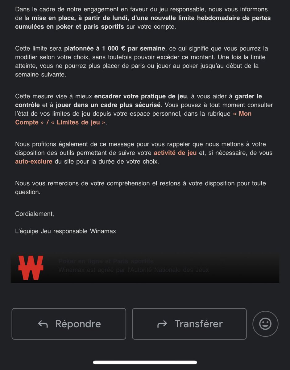 <a href="/JusticeEnJeu/">ESCANDE Matthieu</a> <a href="/OuestFrance/">Ouest-France</a> Malheureusement ça ne les empêche pas <a href="/WinamaxSport/">Winamax Sport 🔞</a> de se croire toujours au dessus de toutes les lois et en profiter pour prendre des mesures abusives envers ses joueurs gagnants