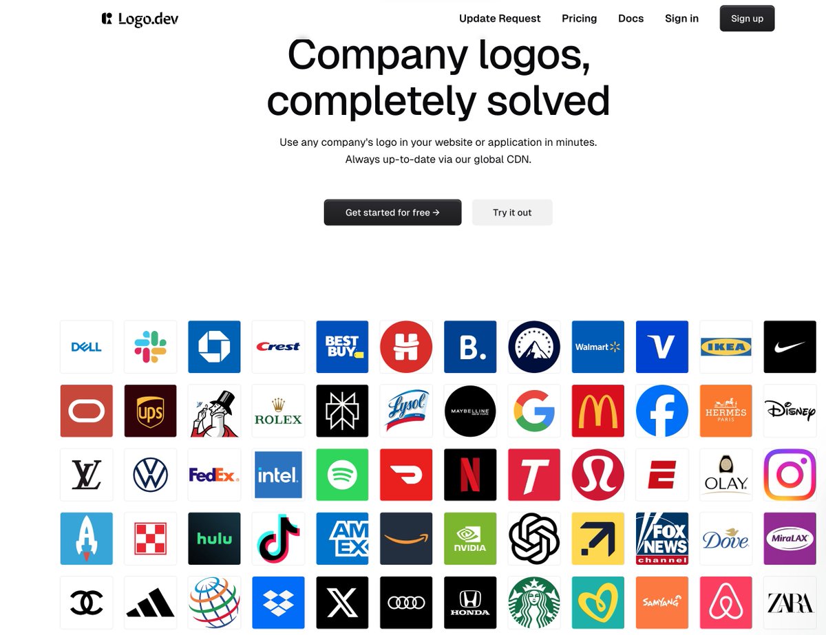 今天有个需求要找一些公司的 logo，我发现 logo.dev 这个网站应该是最好的吧，太全了，非常清晰，而且可以通过参数调节。

还可以通过它的 CDN 直接展示在自己的应用中，不过免费版本每天是 5000 次 requests，当然也可以下载使用，如果是商用添加 Attribution Link 就可以了。