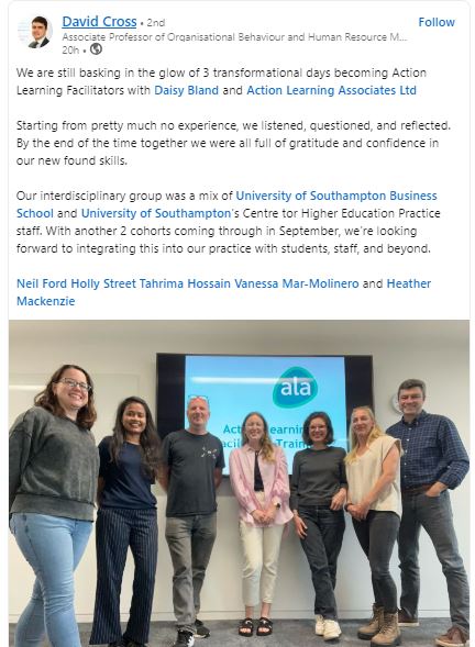 ALAactionlearning (@alaactionlearn) on Twitter photo Our 7-8 & 14-15 October virtual action learning facilitator training programme with Daisy Bland still has spaces - a great opportunity to enhance your facilitation skills in a natural learning set environment.
The below is what you can expect from Daisy!
actionlearningassociates.co.uk/what-we-do/actโฆ Our 7-8 & 14-15 October virtual action learning facilitator training programme with Daisy Bland still has spaces - a great opportunity to enhance your facilitation skills in a natural learning set environment.
The below is what you can expect from Daisy!
actionlearningassociates.co.uk/what-we-do/actโฆ