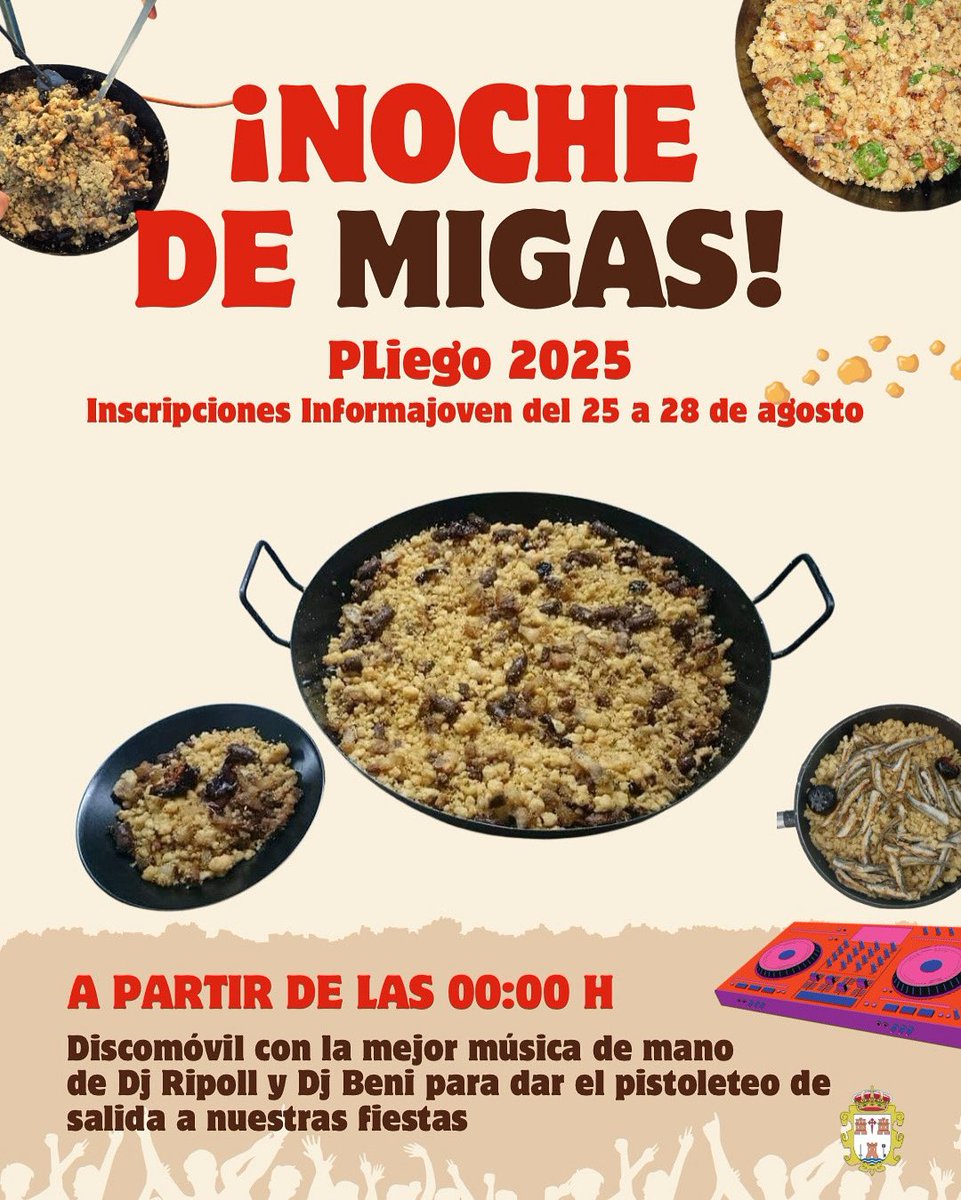 🫴🏻¡Este viernes 29 de agosto tenemos cita con la tradición! 🥄

¿Te apuntas a la Tradicional Noche de las Migas? 💪🏻👨‍🍳👩‍🍳

🔗 pliego.org/actualidad/noc…

#NocheDeLasMigas #Tradiciones #FiestaLocal #ExplanadaDelCinto #Cultura #AmigosYFamilia #InstaEvento #ViveLaTradición