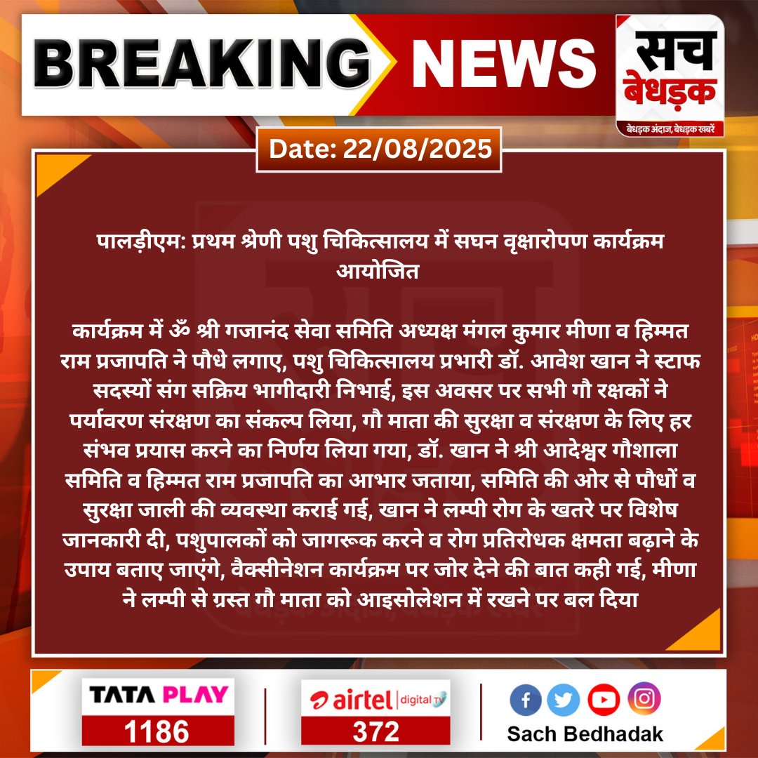 SachBedhadak's tweet photo. #Sirohi #पालड़ीएम: प्रथम श्रेणी पशु चिकित्सालय में सघन वृक्षारोपण कार्यक्रम आयोजित 

कार्यक्रम में ॐ श्री गजानंद सेवा समिति अध्यक्ष मंगल कुमार मीणा व हिम्मत राम प्रजापति ने पौधे लगाए, पशु चिकित्सालय प्रभारी...
#SachBedhadak #RajasthanNews https://t.co/fiOZH6zUTy