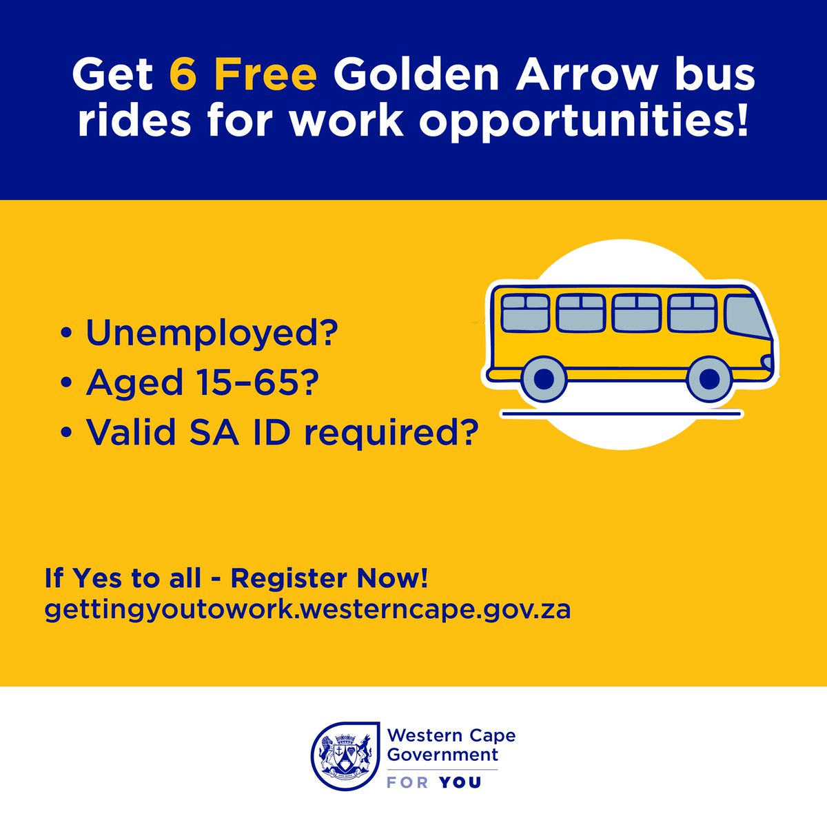 WesternCapeGov's tweet photo. Join our drive to grow jobs! Help jobseekers get to interviews with FREE bus trips in Cape Town.
Register your company today: π https://t.co/iAJlXECjKC
#GettingYouToWork #Jobs #MobilityDepartment https://t.co/QTkfAPxwRP