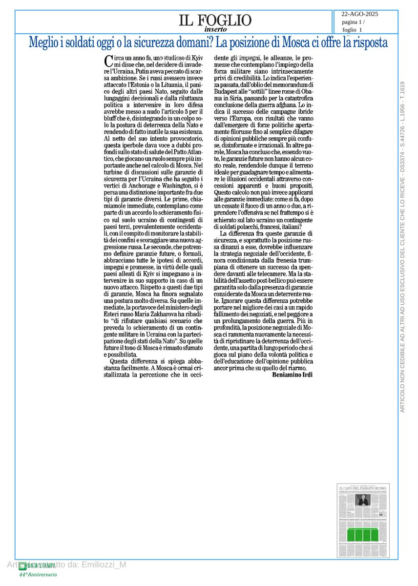 La confusione sulle garanzie di sicurezza per l'Ucraina offusca indicazioni chiare emerse dalla posizione russa e rischia di rendere lo sforzo diplomatico vano o controproducente. Il nodo è la scarsa credibilità della deterrenza occidentale.
Mio breve op-ed su <a href="/ilfoglio_it/">Il Foglio</a> oggi.