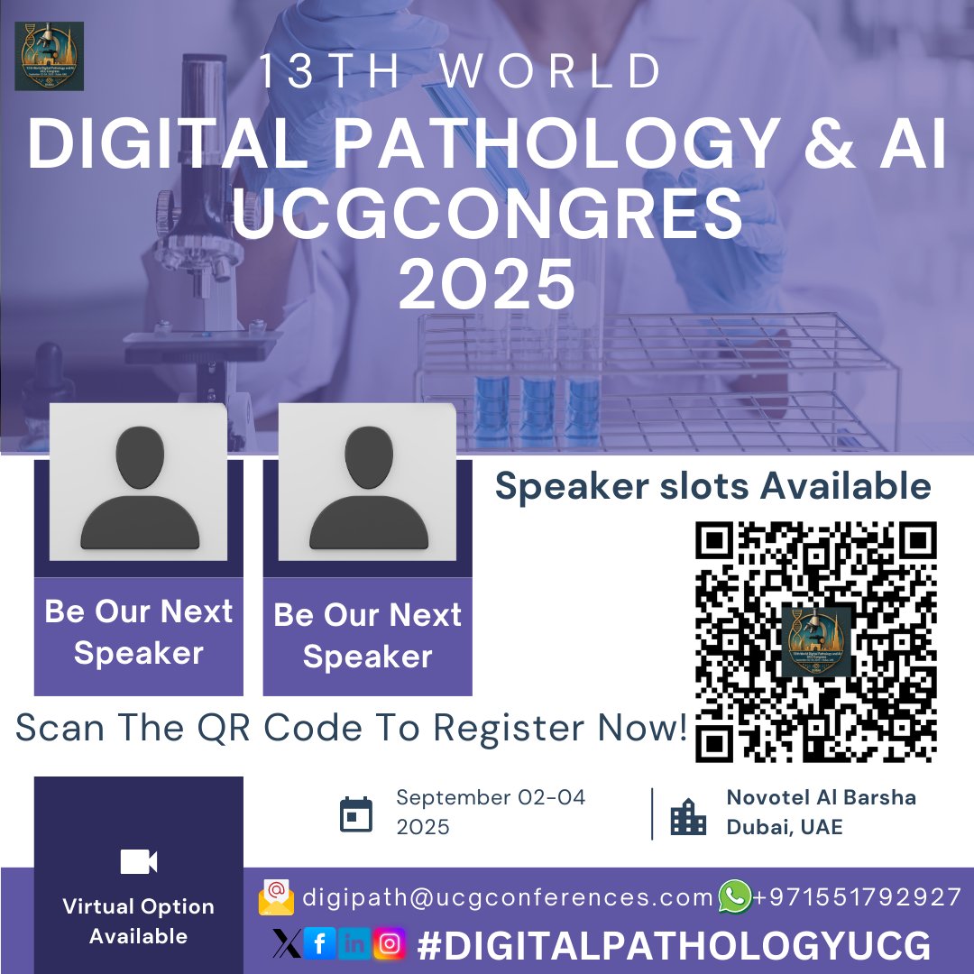 Join us at the 13th World Digital Pathology &amp; AI UCG Congress 2025 from September 2–4, 2025, at Novotel Al Barsha, Dubai, UAE or virtually.
Deadline: August 26, 2025
Register …lpathology.utilitarianconferences.com/discounted-reg…
WhatsApp wa.me/+971551792927

#DigitalPathologyUCG #PathologyCongress