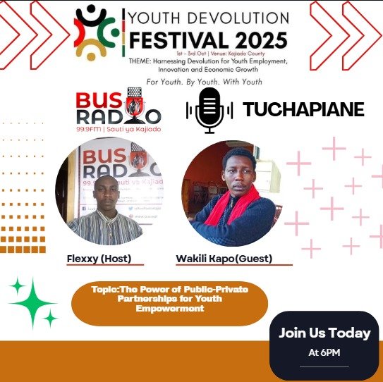 BusRadioKajiado's tweet image. As we continue discussing Youth For DEVOLUTION festival, this evening we are hosting Wakili Kapo at 6pm.
Topic: The POWER of Public-Private partnerships for YOUTH empowerment.
@akcmo
@SDGsKenyaForum
#NewsUpdate #talkshowhost #devolutionconference2025