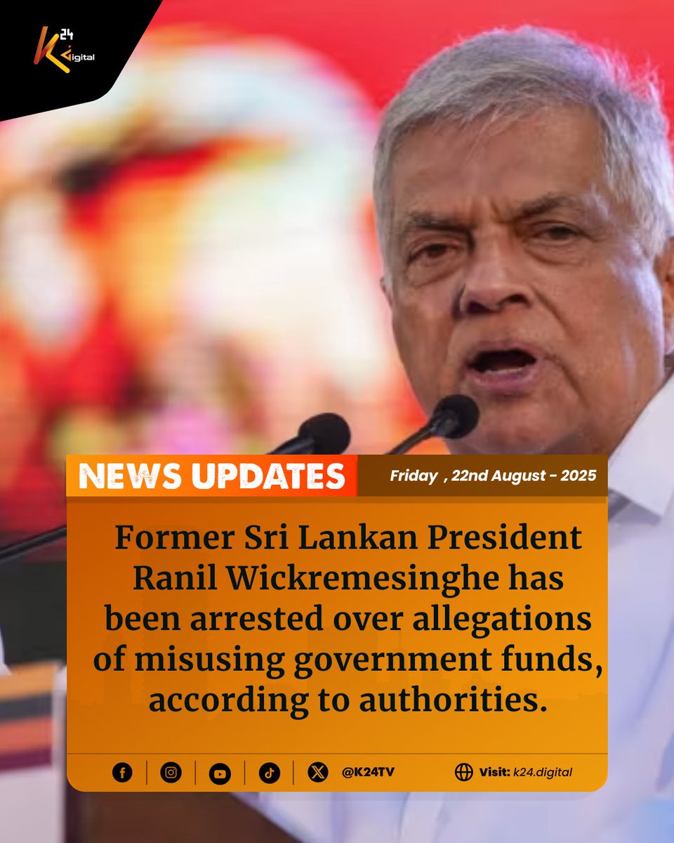 Former Sri Lankan President Ranil Wickremesinghe has been arrested over allegations of misusing government funds, according to authorities. #K24Updates