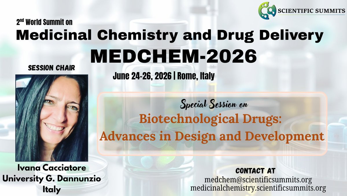 🚨Exciting News!🚨
Ivana Cacciatore will present a special session at #MEDCHEM2026:
Biotechnological Drugs: Advances in Design and Development💊✨
Join us in Rome, June 24–26, 2026, for the latest insights in #DrugDevelopment &amp; #MedicinalChemistry! #Biotech #PharmaInnovation