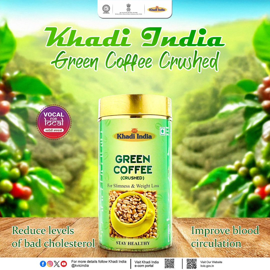 kvicindia's tweet photo. Khadi India Green Coffee beans are rich in antioxidants, which help reduce the damaging effects of free radicals in the body. The chlorogenic acid present in green coffee acts as a metabolism booster, enhancing fat-burning and aiding in weight loss. These beans are also effective in managing type 2 diabetes and preventing the production of cancer cells.

Visit your nearest #Khadi Gramodyog Bhavan to purchase all #KVIProducts or Shop online at https://t.co/4m1JZLkbwJ

#KVIC
#KhadiIndia
#KhadiWave
#Swadeshi
#Artisans
#VocalForLocal
#KhadiRevolution
#KhadiForNation
#KhadiForFashion
#MyKhadiMyPride
#MyProductMyPride
#MakeinIndia
#ViksitBharat
#11YearsOfKhadi
#AatmanirbharBharat