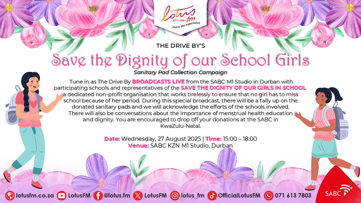 Lotusfm's tweet photo. ๐ธ Save the Dignity of Our School Girls ๐ธ
LIVE from SABC KZN M1 Studio, Durban ๐ 27 Aug | ๐ 15:00โ18:00
Letโs ensure no girl misses school due to her period. ๐ซถ Drop off your pads & be part of the change! ๐
#LotusFM #PadDrive #DignityForAll #ShareTheExperience https://t.co/jRxutr1sqy