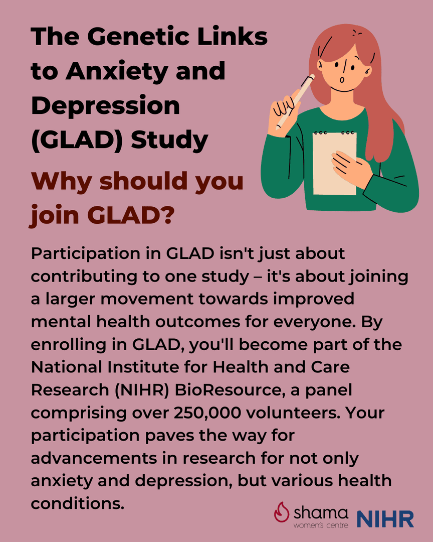shamacentre's tweet photo. Help advance research into anxiety & depression by taking part in this important study.
✔️ Quick questionnaire
✔️ Saliva sample kit sent to you
Sign up: https://t.co/WlZA6cR8sF
#GLADStudy #MentalHealthResearch #AnxietySupport #DepressionSupport #NIHR #ShamaWomensCentre https://t.co/ty9OSoUmd4