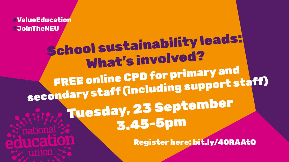 📢 School sustainability leads: What’s involved?

Join this free <a href="/NEU_CPD/">NEU National CPD</a> to explore what the role means. Learn how to create a whole-school approach to climate and ecological wellbeing that benefits you, your pupils and the wider community.

📅 23 Sep 2025, 3.45–5pm
✅ Sign up